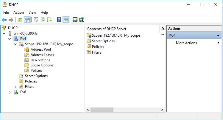 Zdjęcie do pytania: Na ilustracji przedstawiono ustawienia serwera DHCP w systemie Windows Server z dodanym zakresem o nazwie My_scope. Aby przypisać stacji roboczej adres IPv4 na podstawie adresu MAC, należy wybrać zakładkę