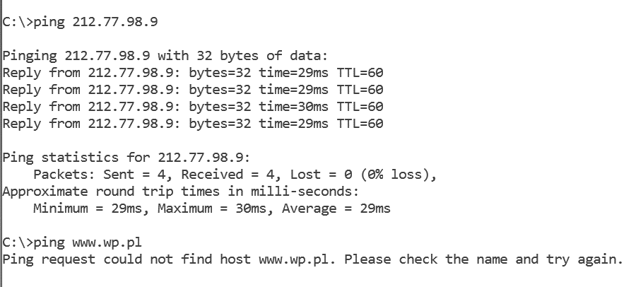 Zdjęcie do pytania: Host www.wp.pl ma przypisany adres IP 212.77.98.9. Co jest przyczyną sytuacji przedstawionej na zrzucie ekranowym?