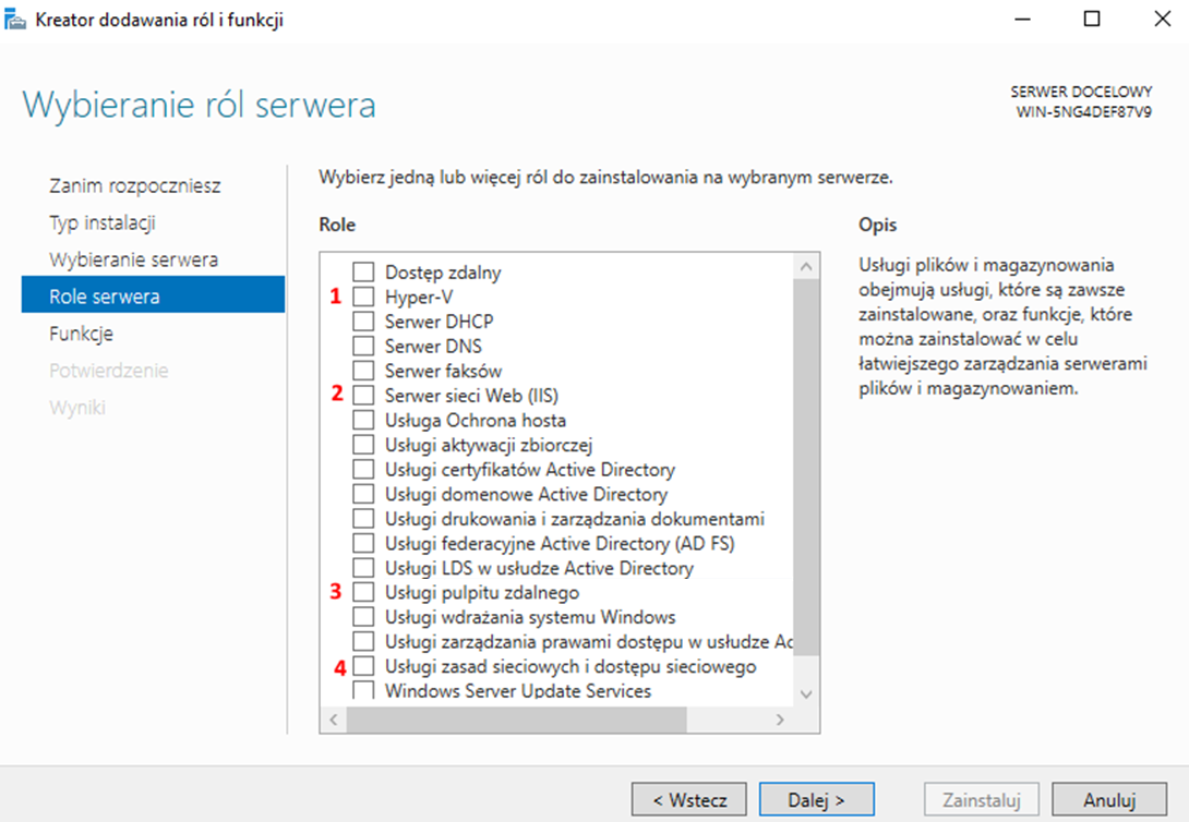 Zdjęcie do pytania: Którą rolę serwera Windows, oznaczoną na ilustracji cyframi od 1 do 4, należy wybrać, aby zainstalować środowisko do wirtualizacji?