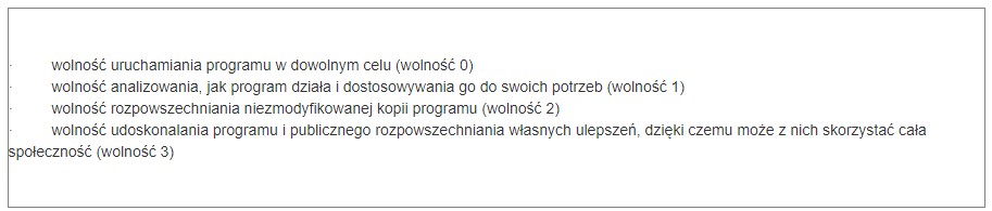 Zdjęcie do pytania: Który typ licencji zapewnia użytkownikowi wszystkie 4 wolności zapisane w ramce?