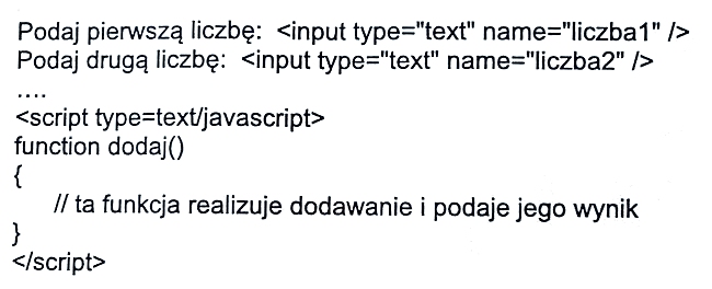 Zdjęcie do pytania: Fragment kodu w języku JavaScript realizujący dodawanie dwóch liczb ma następującą postać. Aby dodawanie wykonane było po kliknięciu przycisku o nazwie , należy w wykropkowane miejsce wstawić