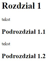 Zdjęcie do pytania: Przeglądarka internetowa wyświetliła stronę w następujący sposób. Wskaż kod HTML, który poprawnie definiuje przedstawioną hierarchiczną strukturę tekstu: