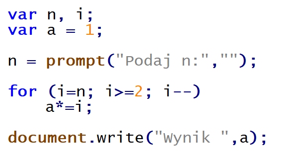 Zdjęcie do pytania: Podaj wynik działania programu zapisanego w języku JavaScript, znajdującego się w ramce, po podaniu na wejściu wartości 5