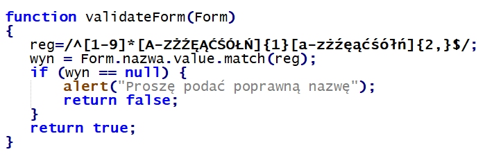 Zdjęcie do pytania: Poprawne udokumentowanie wzorca weryfikacji pola nazwa w części kodu aplikacji JavaScript to
