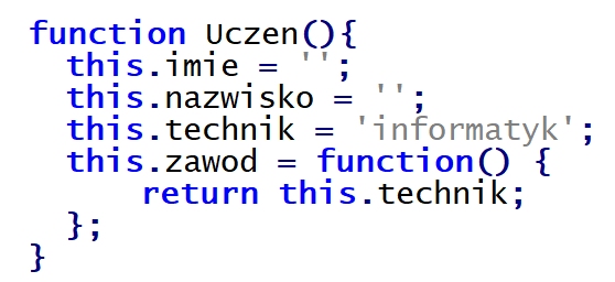 Zdjęcie do pytania: W programowaniu obiektowym w języku JavaScript użyty w przedstawionym kodzie zapis: this.zawod oznacza