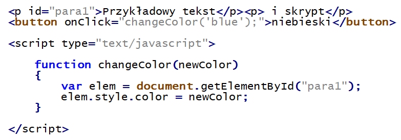 Zdjęcie do pytania: Wciśnięcie przycisku o treści "niebieski" spowoduje wykonanie przedstawionego kodu JavaScript. Jaki będzie efekt jego działania?