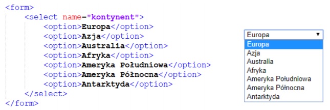 Zdjęcie do pytania: Chcąc dodać do listy rozwijalnej przedstawionego formularza HTML możliwość zaznaczenia kilku opcji jednocześnie, należy w znaczniku select dodać atrybut