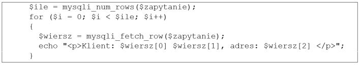 Zdjęcie do pytania: Przedstawiony fragment kodu PHP działa poprawnie i ma za zadanie wyświetlić na stronie internetowej dane pobrane kwerendą z bazy danych. Z ilu pól zostaną wyświetlone dane?