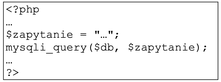 Zdjęcie do pytania: Przedstawiony fragment kodu PHP ma za zadanie umieścić dane znajdujące się w zmiennych $a, $b, $c w bazie danych, w tabeli dane. Tabela dane zawiera cztery pola, z czego pierwsze to autoinkrementowany klucz główny. Które z poleceń powinno być przypisane do zmiennej $zapytanie?