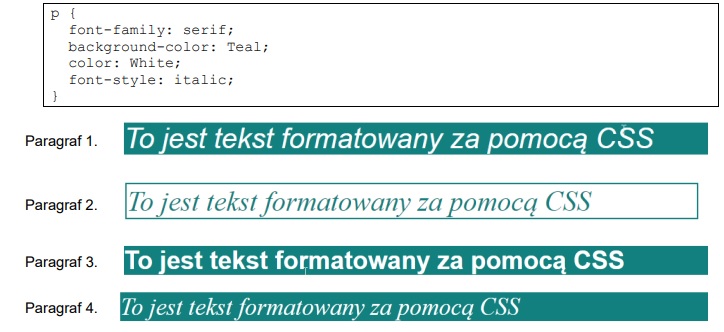 Zdjęcie do pytania: Wskaż paragraf sformatowany przedstawionym stylem CSS.