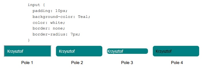 Zdjęcie do pytania: Które pole edycyjne zostało sformatowane przedstawionym stylem zakładając, że pozostałe własności pola 

przyjmują wartości domyślne, a użytkownik wpisał imię Krzysztof w przeglądarce?