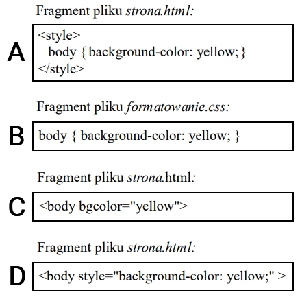 Zdjęcie do pytania: Które z formatowań NIE JEST wyrażone w języku CSS?