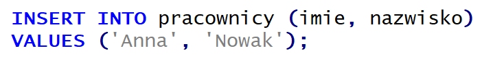 Zdjęcie do pytania: W tabeli pracownicy zdefiniowano klucz główny typu INTEGER z atrybutami NOT NULL oraz AUTO_INCREMENT. Ponadto zdefiniowano pola imie oraz nazwisko. W przypadku zastosowania przedstawionej kwerendy SQL wprowadzającej dane, w której zostało pominięte pole klucza, w bazie danych MySQL nastąpi