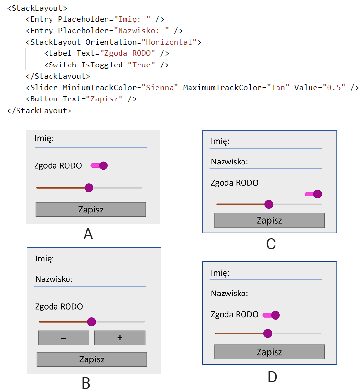Zdjęcie do pytania: Przedstawiony kod XAML zostanie wyrenderowany jako: