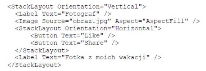 Zdjęcie do pytania: Analizując kod interfejsu graficznego zapisanego językiem XAML można stwierdzić, że