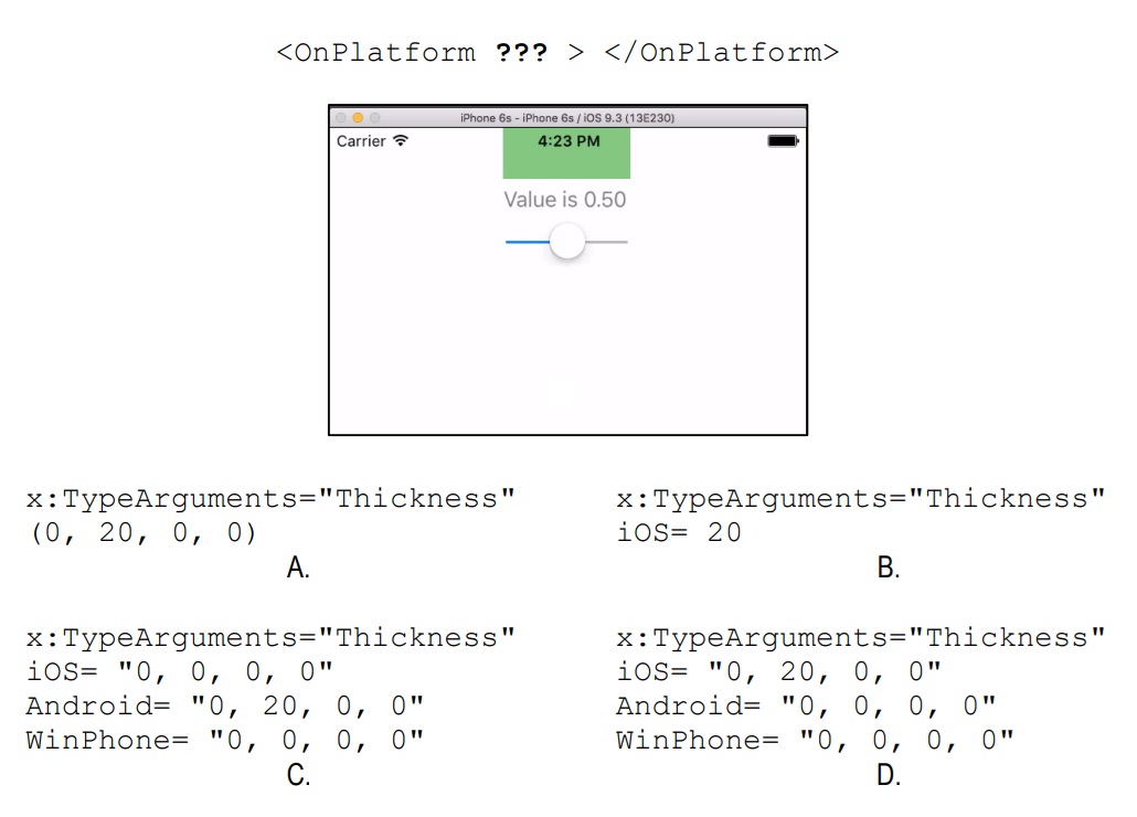 Zdjęcie do pytania: Na obrazie przedstawiono fragment emulacji iOS z prostą aplikacją. Górna część strony zachodzi na belkę ze stanem baterii. Który z zapisów należy zastosować w miejscu znaków zapytania, aby wprowadzić tylko marginesy górne wyłącznie dla platformy iOS?