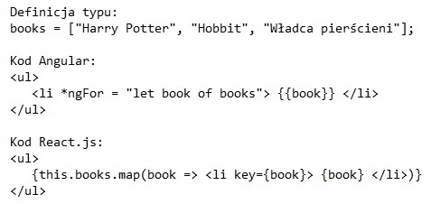 Zdjęcie do pytania: Na funkcjonalnie równoważnych sobie listingach fragmentów aplikacji Angular i React.js jest utworzona lista punktowana, która zawiera